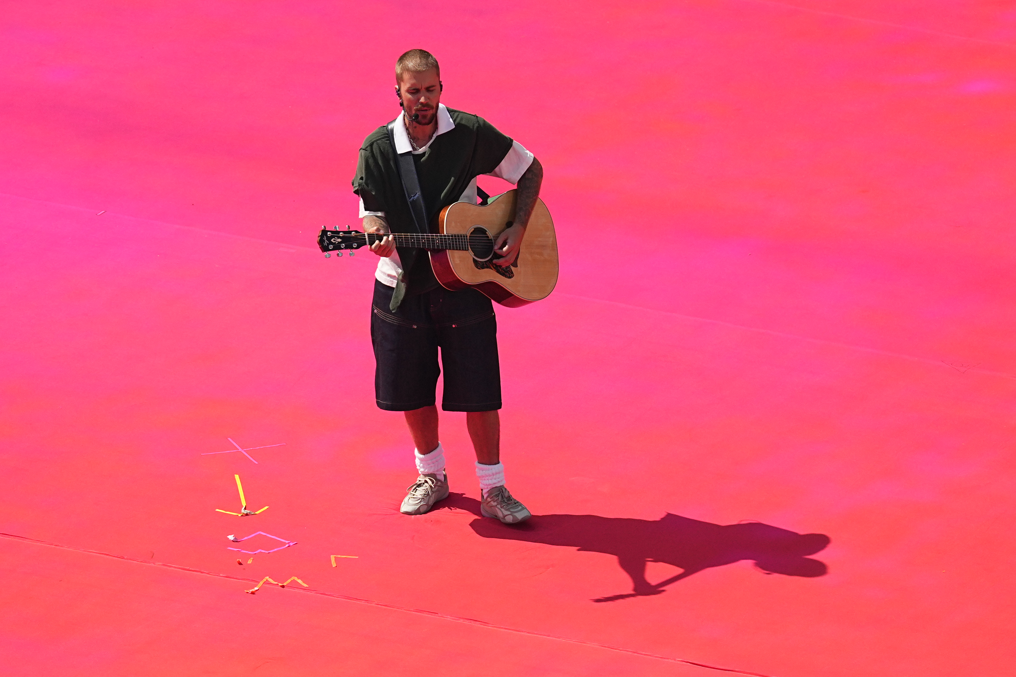 Justin Bieber performs at halftime of the World Cup final soccer match.